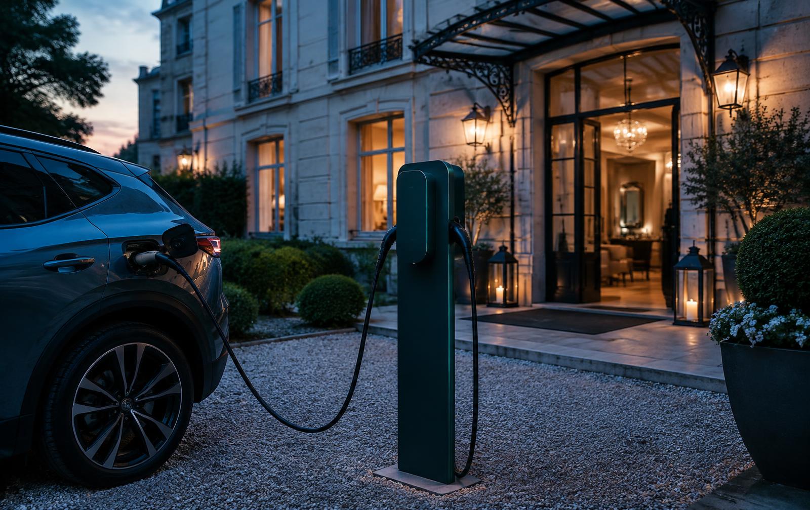 Borne de recharge Ma Borne LR devant l'entrée d'un hôtel